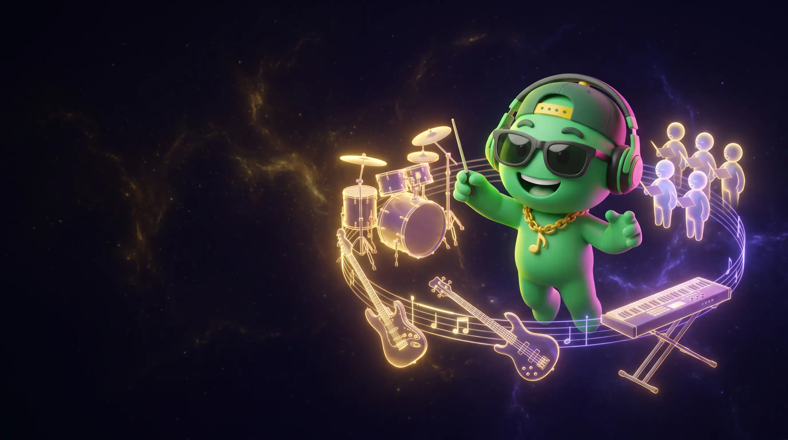 Melo conducting holographic drums, guitar, bass, keys and a choir over a song timeline