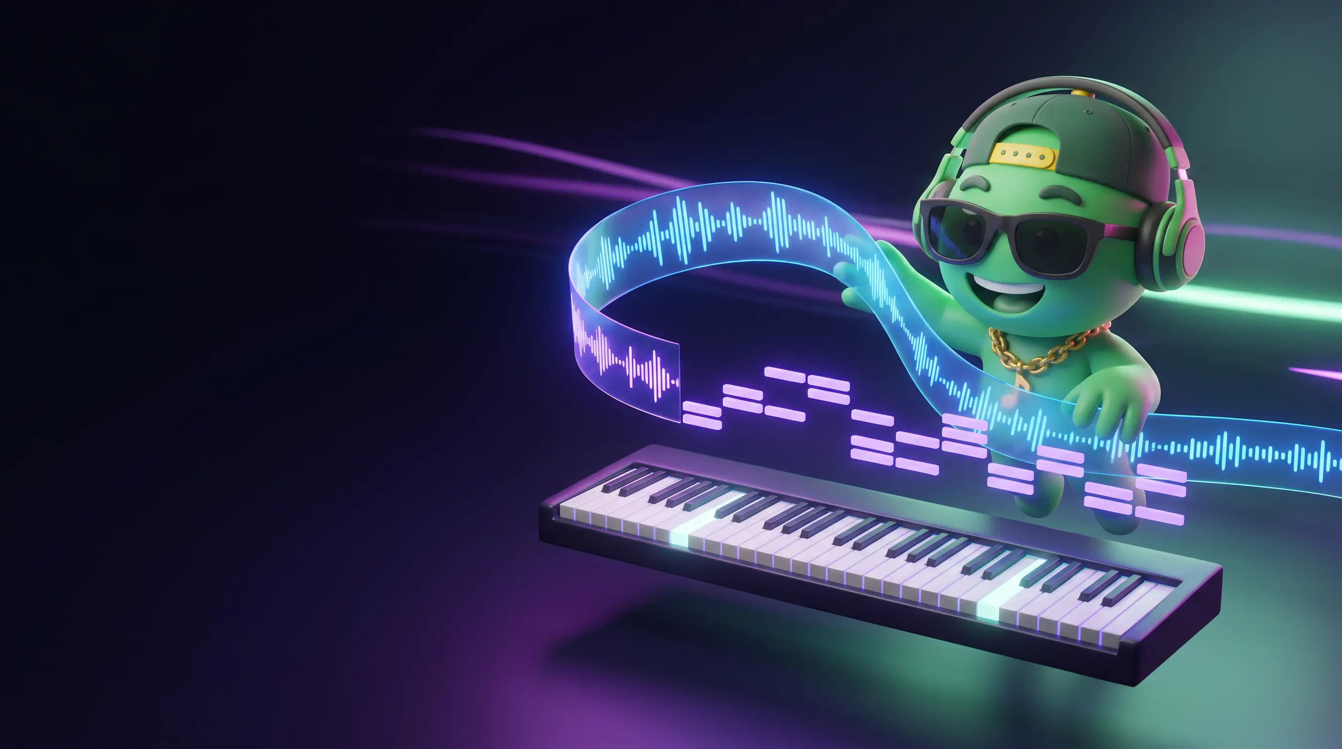 Melo turning an audio waveform into MIDI notes over a piano keyboard