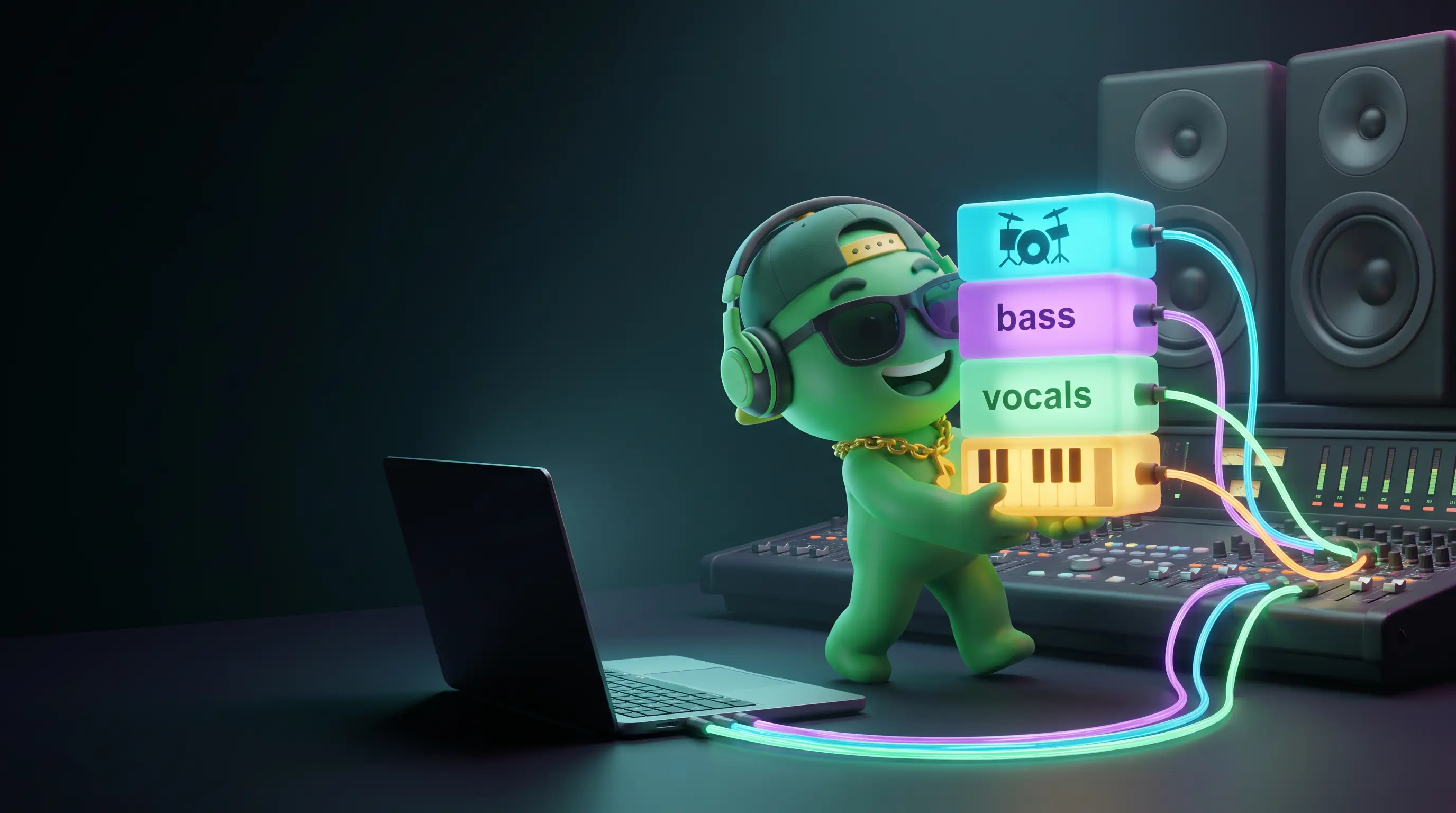 Melo carrying colored audio stems from a laptop to a desktop music studio