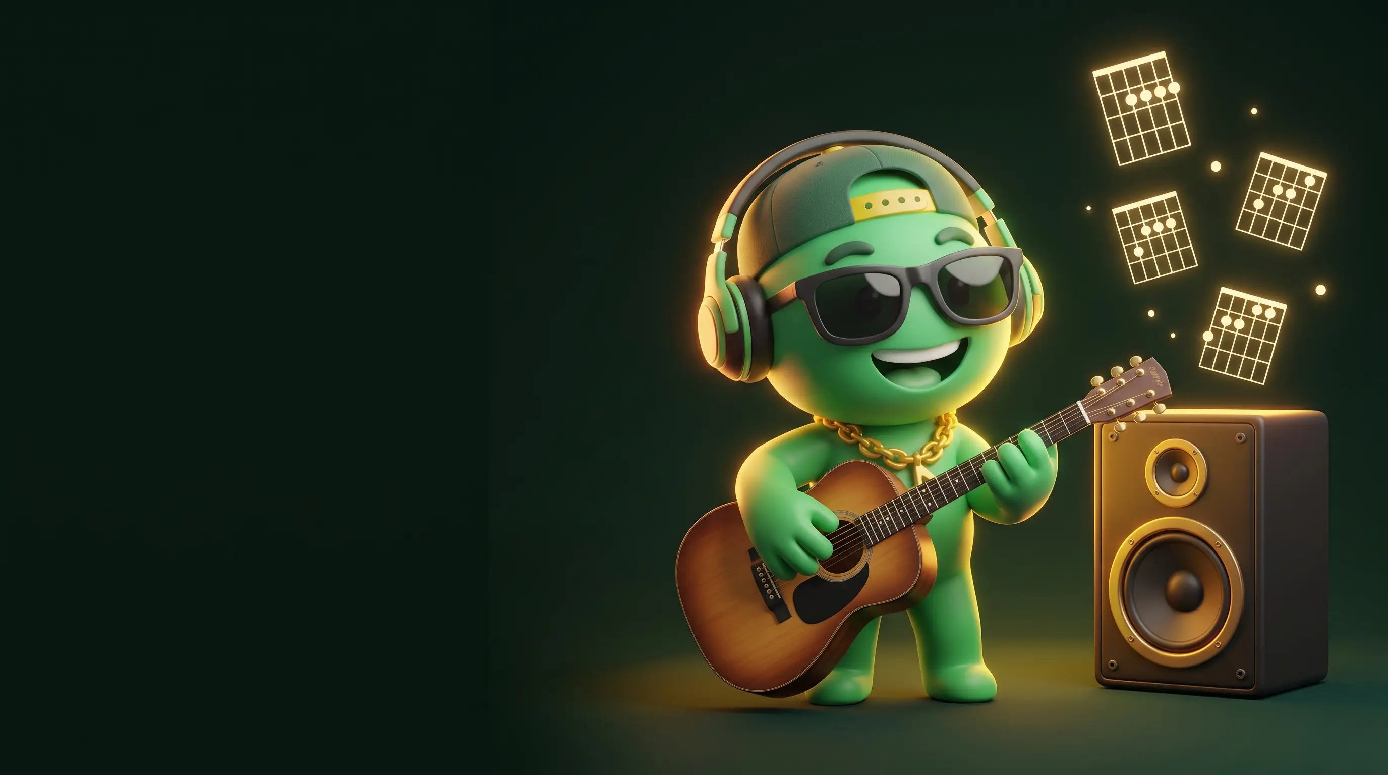 Melo playing guitar while chord shapes float out of a speaker