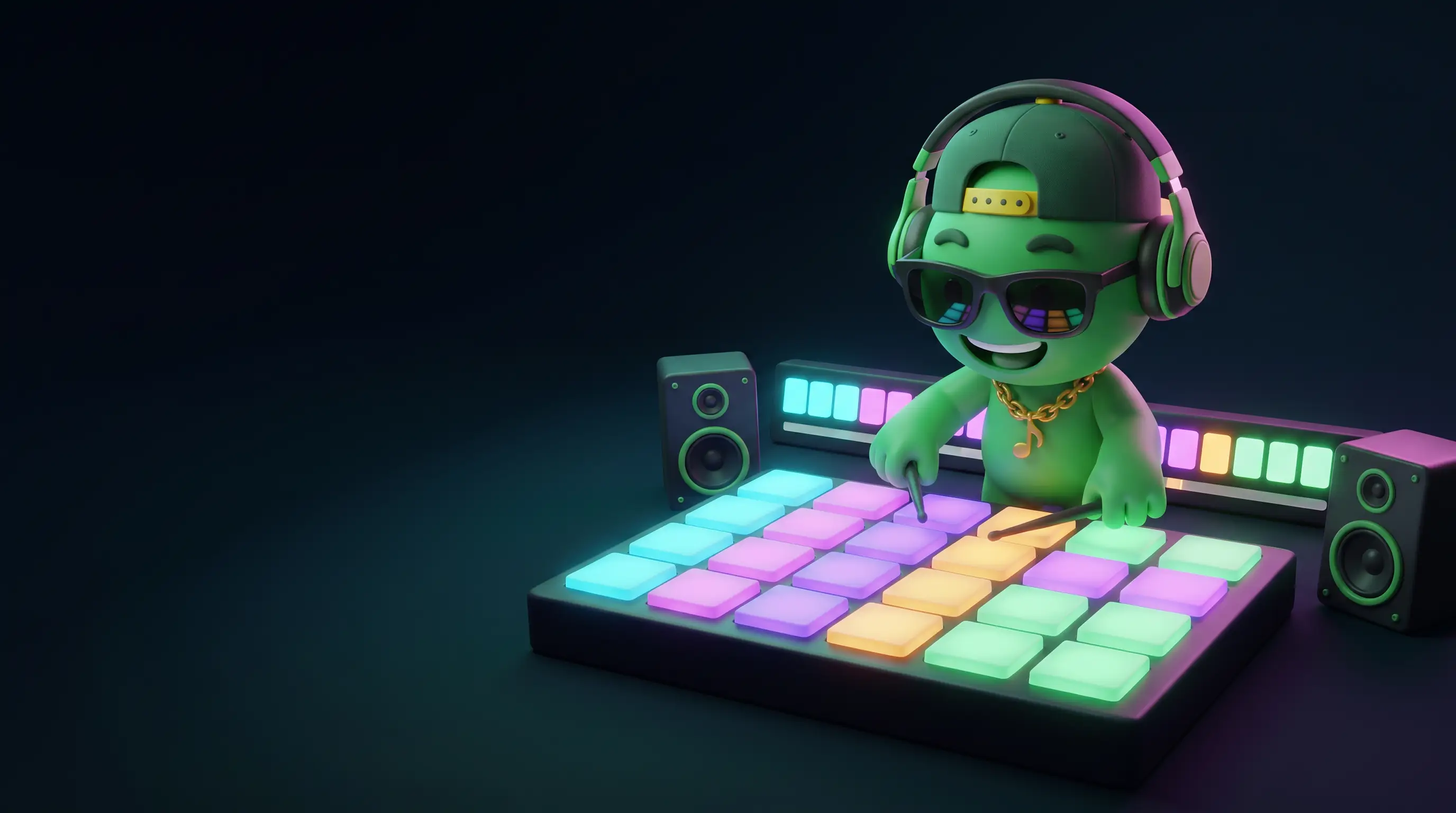 Melo playing a glowing grid of drum pads with a step sequencer