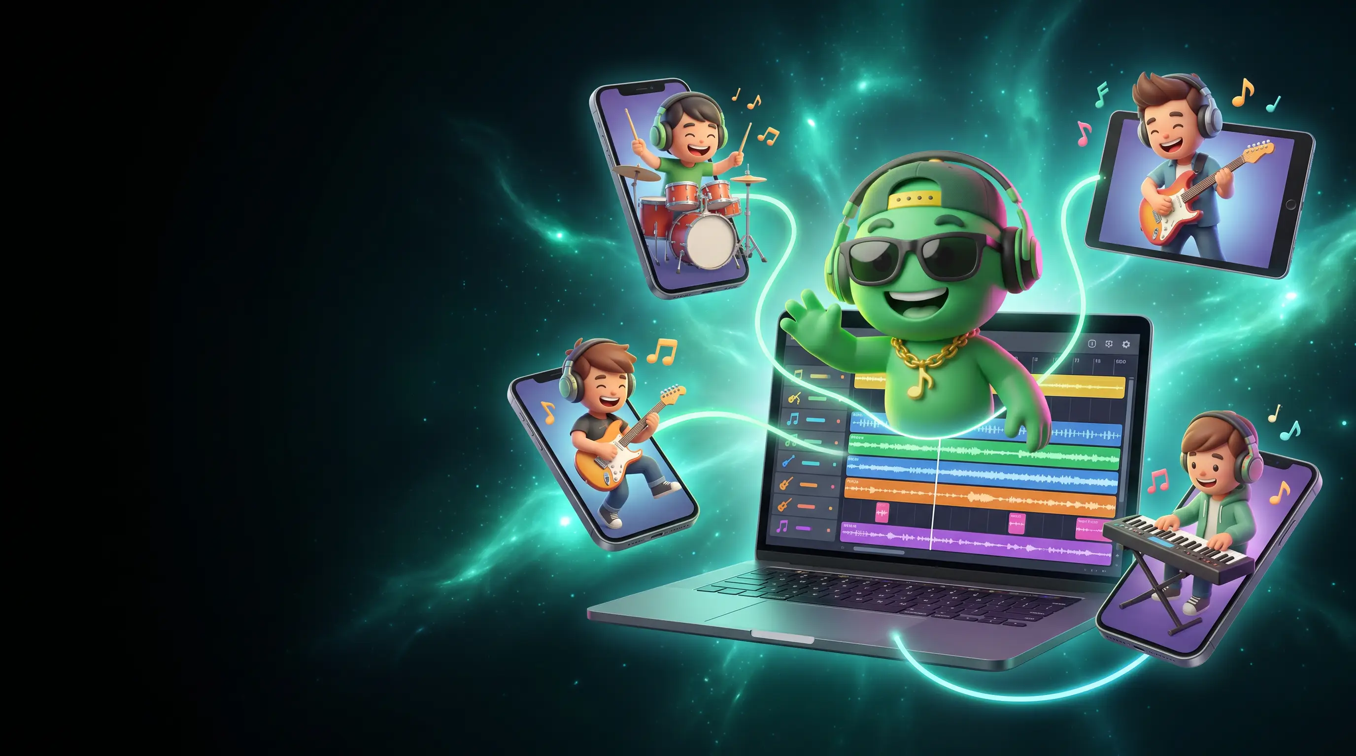 Melo on a laptop jamming with friends connected on phones and tablets