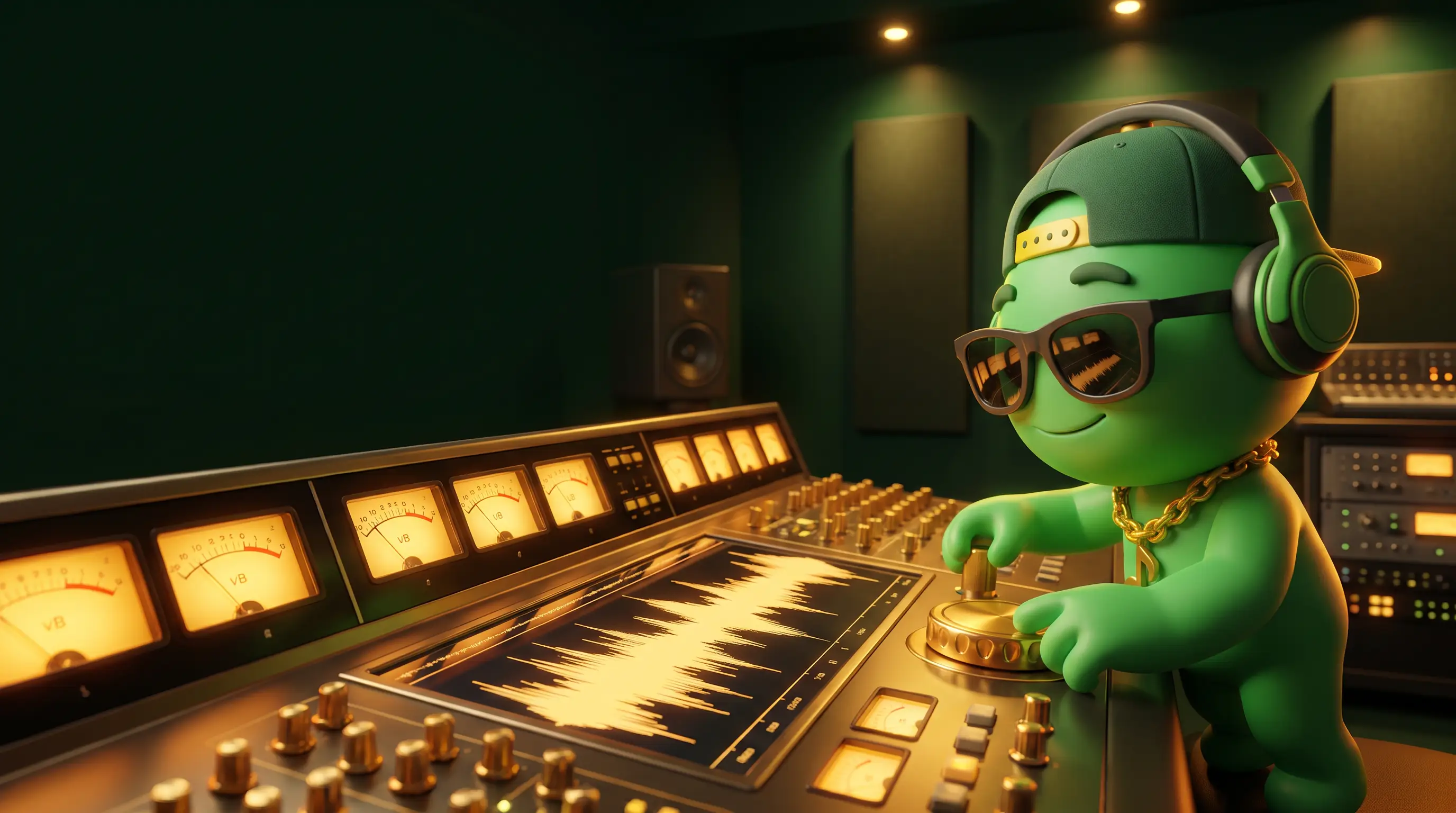 Melo turning a gold knob on a mastering console with loudness meters