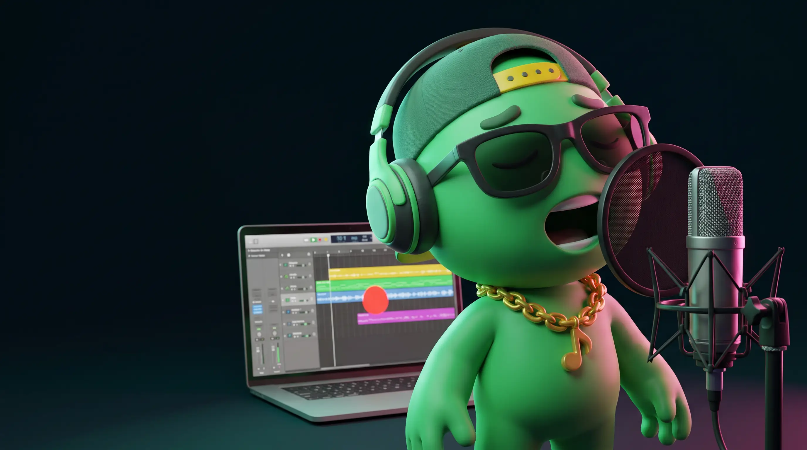 Melo singing into a studio microphone in front of a laptop recording session