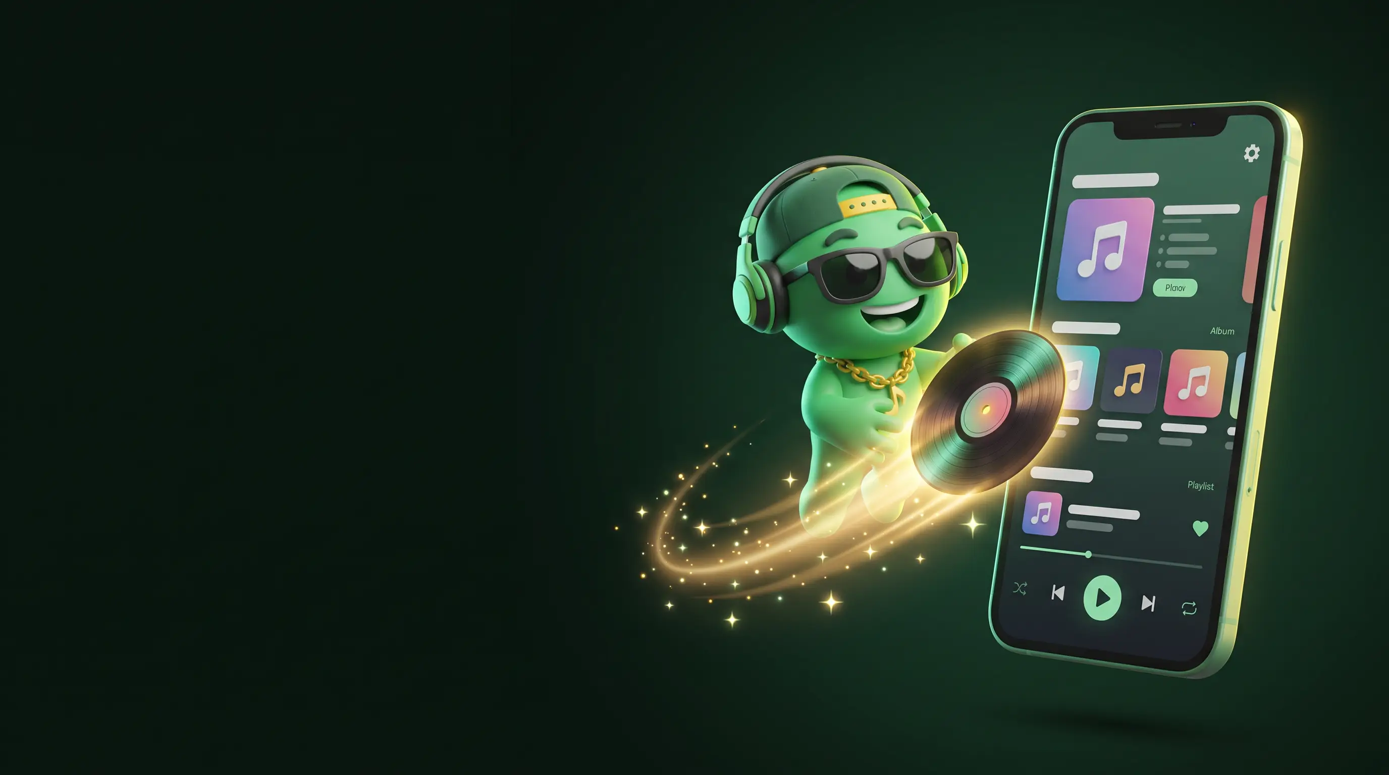 Melo launching a vinyl record into a music streaming app on a phone